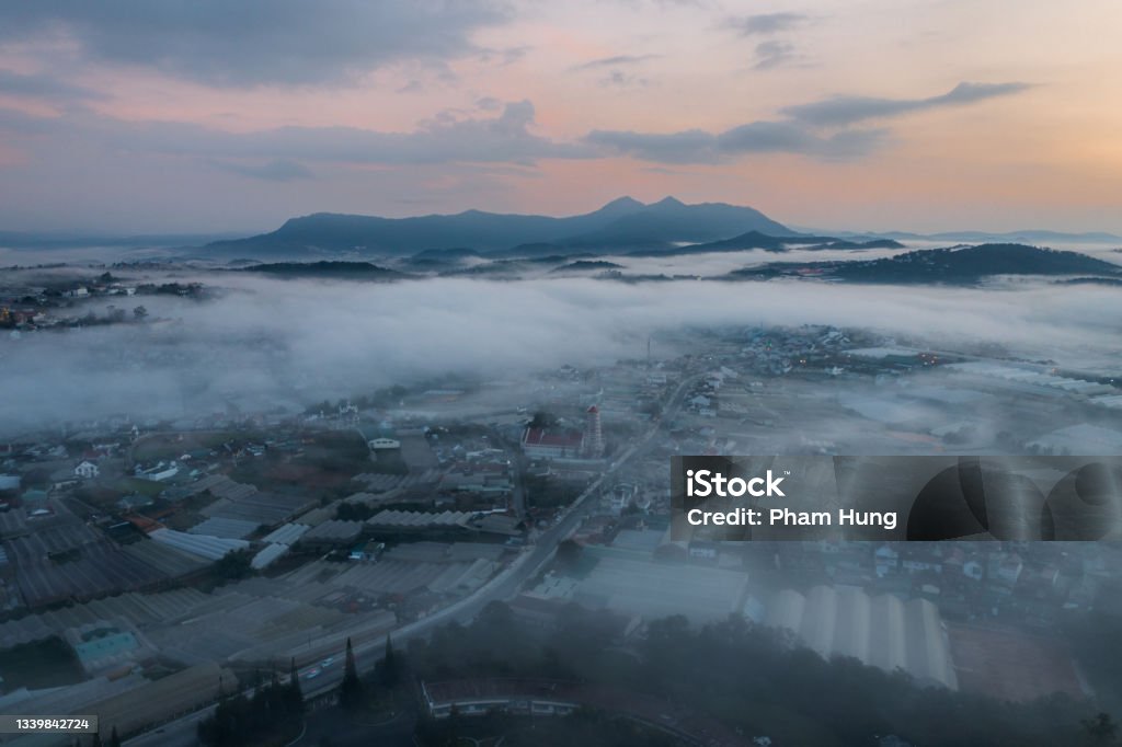 Da Lat city from above Drone view of Da Lat city with vegetable garden and agirculture house, Dalat, Lam Dong province, central highlands Vietnam Beauty Stock Photo