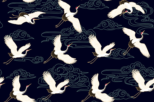 Seamless pattern with cloud motives and cranes
