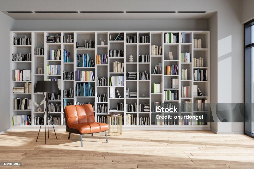 Reading Room Or Library Interior With Leather Armchair, Bookshelf And Floor Lamp Office Stock Photo