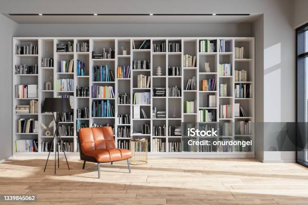 Reading Room Or Library Interior With Leather Armchair Bookshelf And Floor Lamp Stock Photo - Download Image Now