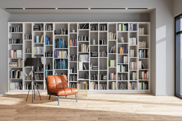 czytelnia lub wnętrze biblioteki ze skórzanym fotelem, półką na książki i lampą podłogową - home interior contemporary sparse indoors zdjęcia i obrazy z banku zdjęć