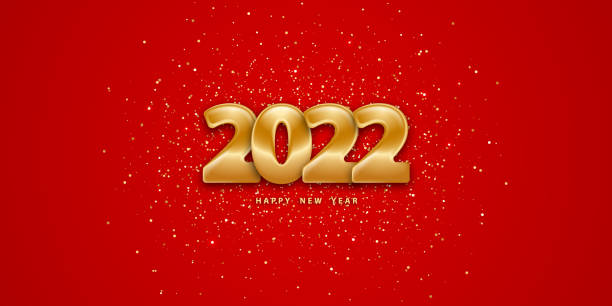 istock Happy new year 2022. Festive red background with golden numbers 3D and glitter. Backdrop with tinsel. Luxury flyer with confetti. 1339845688