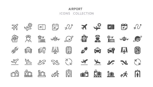 ilustraciones, imágenes clip art, dibujos animados e iconos de stock de iconos de línea y aeropuerto plano - direction air vehicle commercial airplane equipment