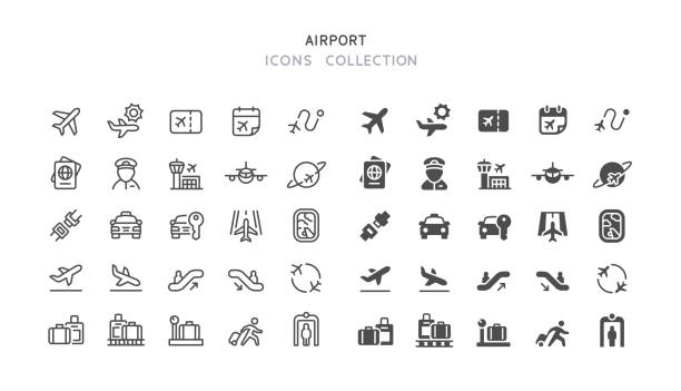 illustrazioni stock, clip art, cartoni animati e icone di tendenza di line & flat airport icone - aereo di linea