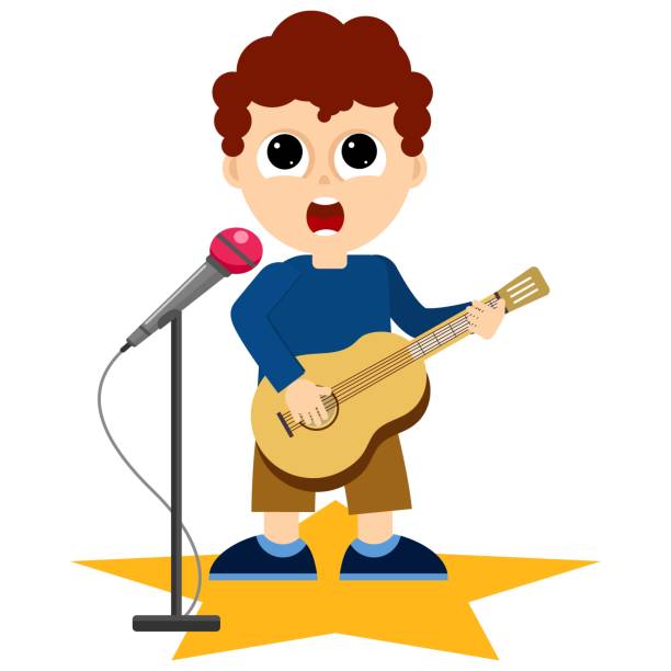ilustrações de stock, clip art, desenhos animados e ícones de little boy plays the guitar and sings into a microphone. - singing singer teenager contest