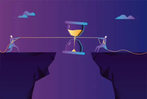 Vector illustration of Two business men compete for time on the cliff