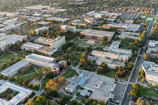 Los Angeles, California, USA - October 21, 2018:  Afternoon aerial view of California State University Northridge campus architecture in the San Fernando Valley.