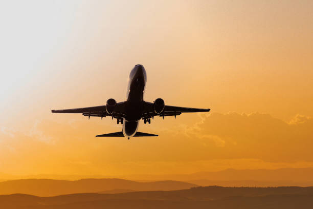 istock Plane in the sunset sky. Travel background with copy space 1339855312