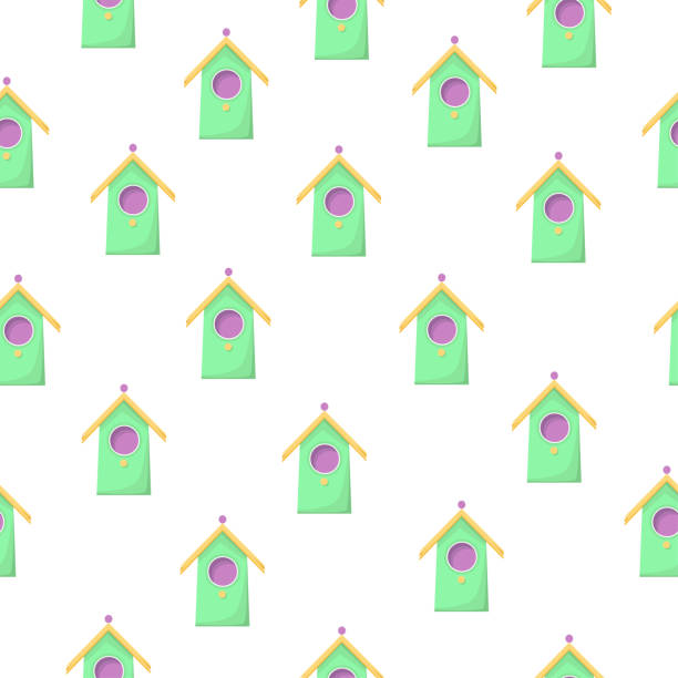 ilustraciones, imágenes clip art, dibujos animados e iconos de stock de patrón de primavera sin costuras con pajareras. un patrón infantil encantador - birdhouse wood isolated white background