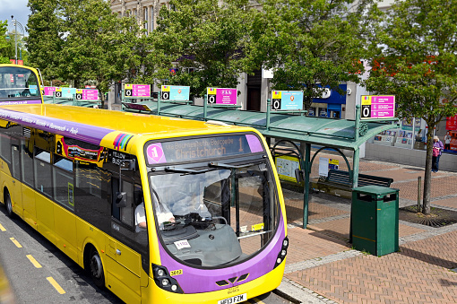 Bournemouth, Dorset, England - June 2021: Public service bus at a bus stop in the town centre