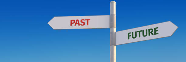 Past vs. future concept. Two street signs pointing into opposite directions. Looking forward or looking backwards. Web banner format. stock photo