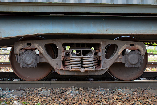 Close-up of wheelset on railway tracks. A wheelset is the wheel-axle assembly of a railroad car