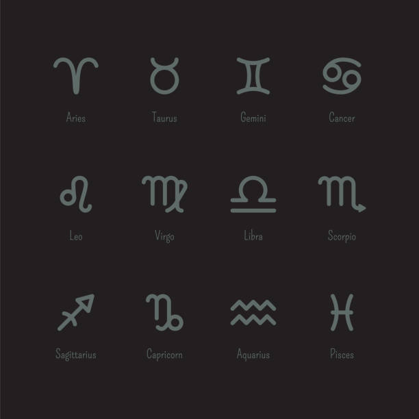 istock Vector isolated outline zodiac icons set with titles. Collection of twelve grey linear pictograms of horoscope signs on a black background. Design of astrological symbols 1339856683