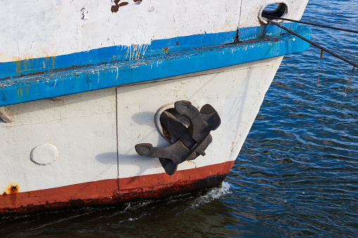 Fishing boats on the shore in Pomorie town. Bulgaria, Europe.