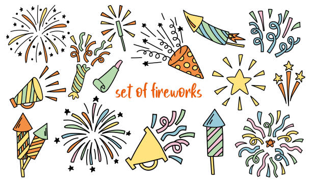 ilustrações, clipart, desenhos animados e ícones de conjunto de fogos de artifício - firework display pyrotechnics exploding star