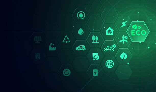 Eco technology or environmental technology concept with environment Icons over the network connection. vector design Eco technology or environmental technology concept with environment Icons over the network connection. vector design. green technology stock illustrations