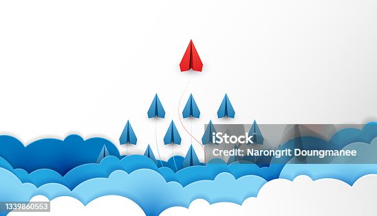 istock Paper plane are competition to destination up to the clouds and sky go to success goal. financial concept. leadership. creative idea. nature landscape and concept of business by paper art. vector 1339860553