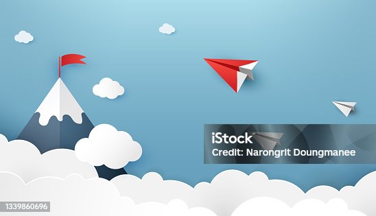 istock Paper plane are competition to destination up to the clouds and sky go to success goal. financial concept. leadership. creative idea. nature landscape and concept of business by paper art. vector 1339860696