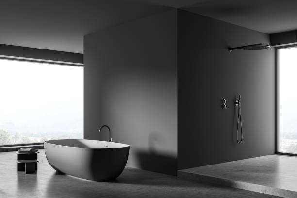 istock Spacious grey shower cabin with panoramic windows and a bathtub. Corner view. 1339861347