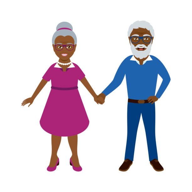 ilustraciones, imágenes clip art, dibujos animados e iconos de stock de feliz pareja de ancianos afroamericanos tomados de la mano icono vector - senior couple isolated white background standing