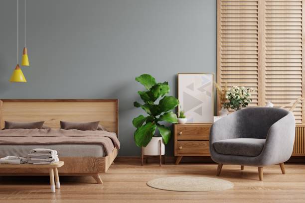 istock Dark bedroom interior mockup in farmhouse style. 1339862997