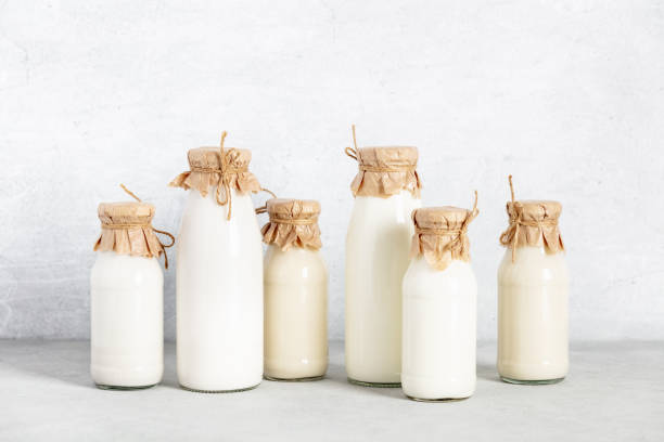 istock Non dairy plant based milk in bottles and ingredients on light background. Alternative lactose free milk substitute 1339863244