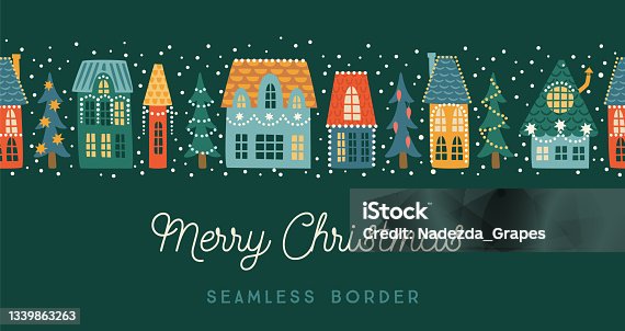istock Christmas and Happy New Year seamless border. City, houses, Christmas trees, snow.. Vector design template. 1339863263