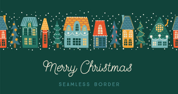 Christmas and Happy New Year seamless border. City, houses, Christmas trees, snow.. Vector design template. Christmas and Happy New Year seamless border. City, houses, Christmas trees, snow. New Year symbols.Trendy retro style. Vector design template. house borders stock illustrations