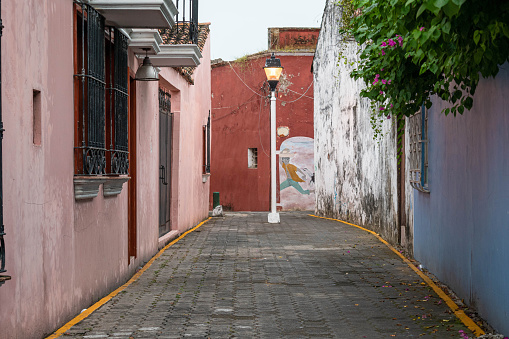 Tlacotalpan, Veracruz, Mexico- August 20, 2021: Colorful alley at mexican colonial town Tlacotalpan UNESCO World Heritage Site