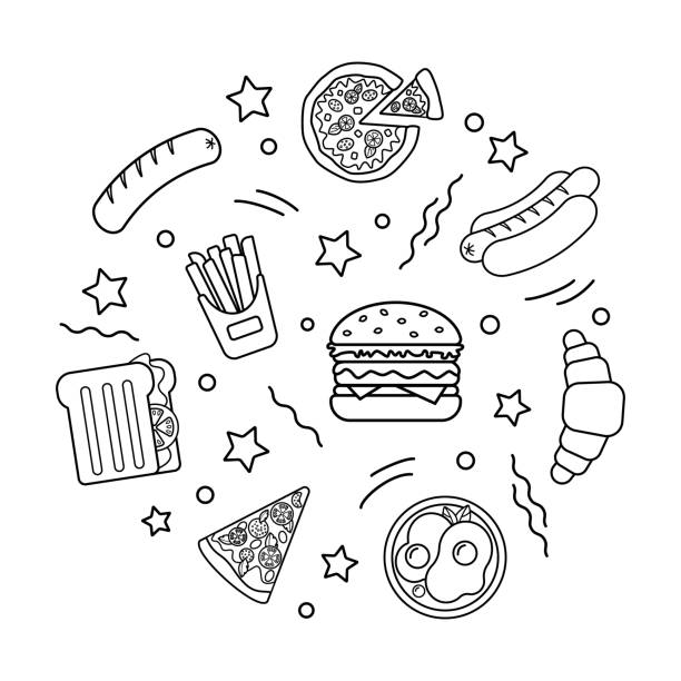 zestaw prostych czarno-białych ikon fast food - burger hamburger cheeseburger fast food stock illustrations