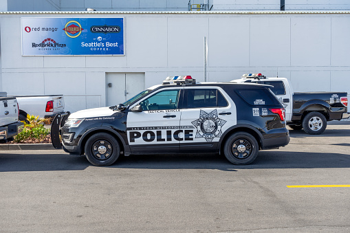 Laughlin, NV, USA – August 27, 2021: Las Vegas Metropolitan Police Department tactical vehicle parked at the Riverside Hotel and Casino in Laughlin, Nevada.