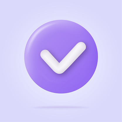 Check mark icon in trendy 3d style on blue button. White checkmark symbol. Vector illustration isolated on purple or violet background