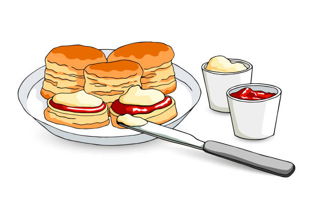 크림과 잼스콘. 전통적인 영국 티케이크. 낙서 스타일. - bun bread cake dinner stock illustrations