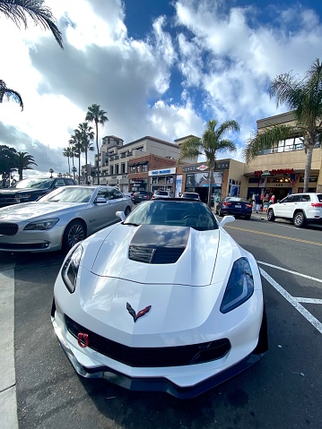 Huntington Beach, California - January 11, 2020: White Chevrolet Corvette parked on the street