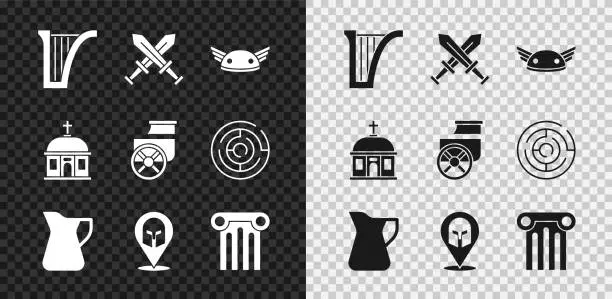 Vector illustration of Set Harp, Crossed medieval sword, Helmet with wings, Bottle of olive oil, Greek helmet, Ancient column, Santorini building and chariot icon. Vector