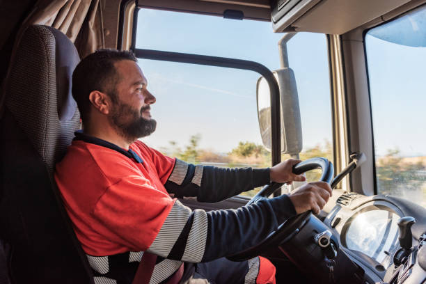 istock Truck driver driving on the highway, seen from inside the cab. 1339870286