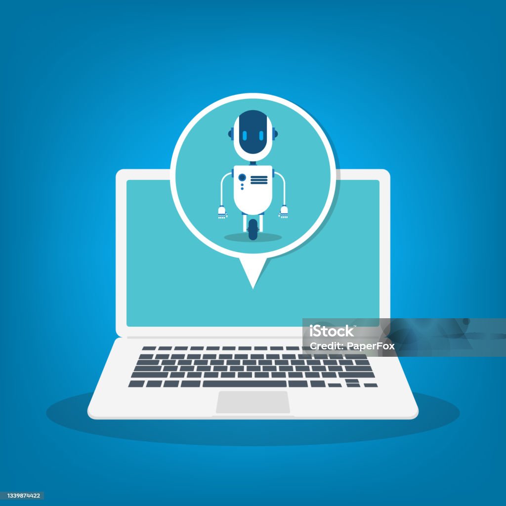 Computer With Bot Vector Image Chat Bot Using Laptop Computer Robot Virtual Assistance Of Website Or ...