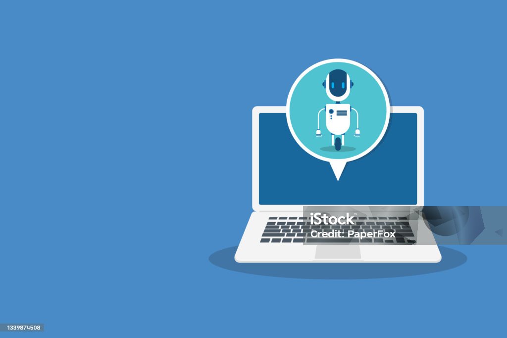 Virtual Bot Support Chat Bot Using Laptop Computer Robot Virtual Assistance Of Website Or ...