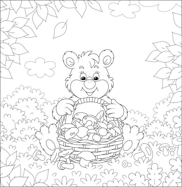 Brown bear with a basket of mushrooms Friendly smiling mushroomer with yield of picked wild edible mushrooms on a forest glade, black and white outline vector cartoon illustration for a coloring book page autumn coloring pages stock illustrations