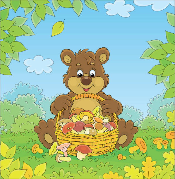 istock Brown bear with a basket of mushrooms 1339875377