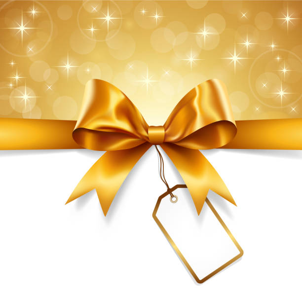 ilustrações de stock, clip art, desenhos animados e ícones de christmas card with gold bow tie and ribbon - bow gold gift tied knot