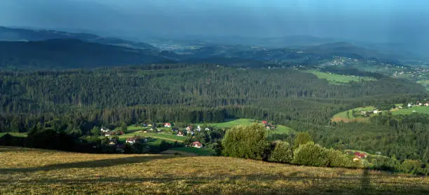 fragment of the vast village of Cognacs and the forests of the Silesian Beskids. View from Ochodzita. Poland