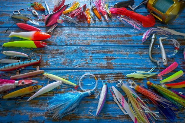 Fishing lures tackle collection minnows Fishing lures tackle collection for saltwater trolling and spinning angler fishing gear stock pictures, royalty-free photos & images