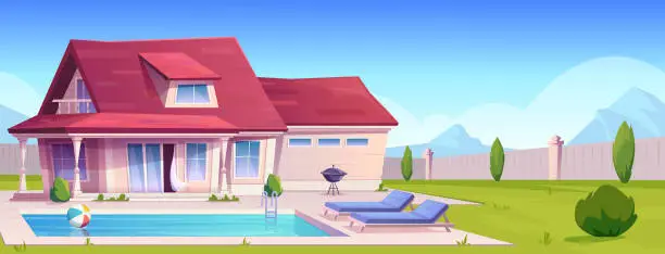 Vector illustration of Suburban house, residential cottage, real estate countryside building exterior. Two storey dwelling place with pool