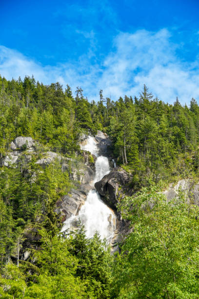 British Columbia, Canada - June 2018: Scenic view of Shannon Falls, a tourist attraction near Squamish in British Columbia.