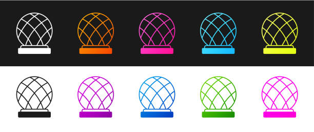 illustrations, cliparts, dessins animés et icônes de placez l’icône de la biosphère de montréal isolée sur fond noir et blanc. vecteur - dome montreal geodesic dome built structure