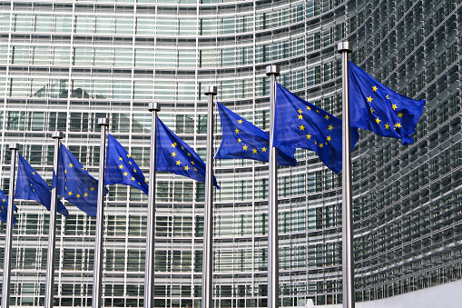 Flag of the European Union waving un mid air.