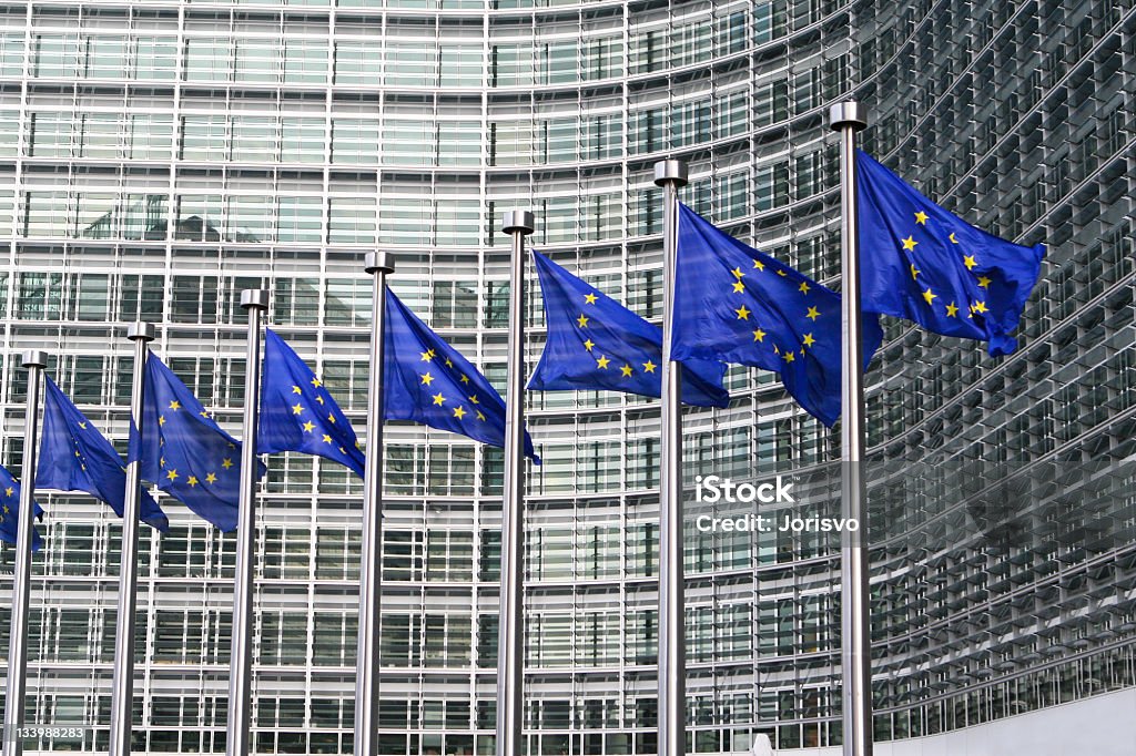 European flags in Brussels European flags in front of the European Commission headquarters in Brussels, Belgium. European Union Flag Stock Photo