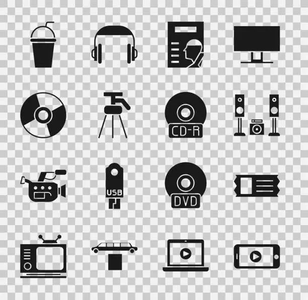 Vector illustration of Set Online play video, Cinema ticket, Home stereo with two speakers, poster, Tripod, CD or DVD disk, Paper glass straw and icon. Vector