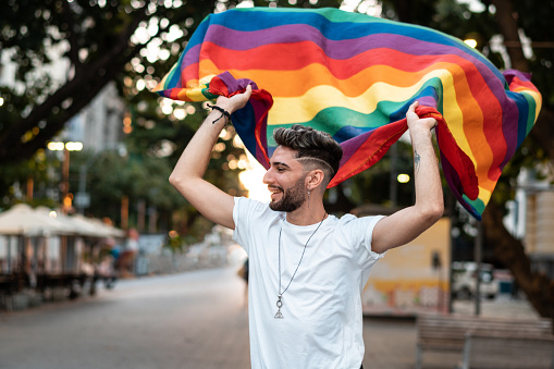 Gay, Young, Man, Hold, Rainbow flag